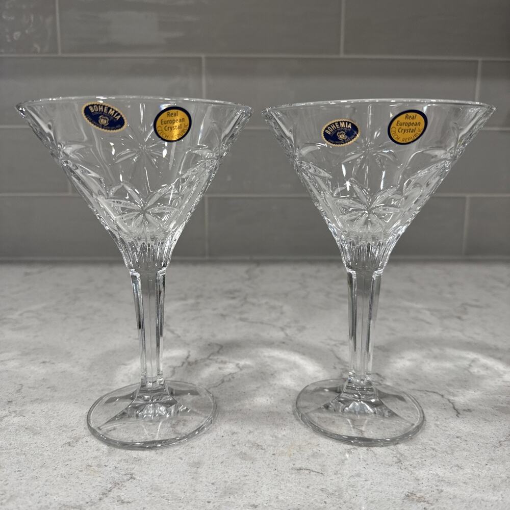 Set of 2 PALM TREE Bohemia Crystal Glasses Martini Cosmopolitan Glass Czech NEW